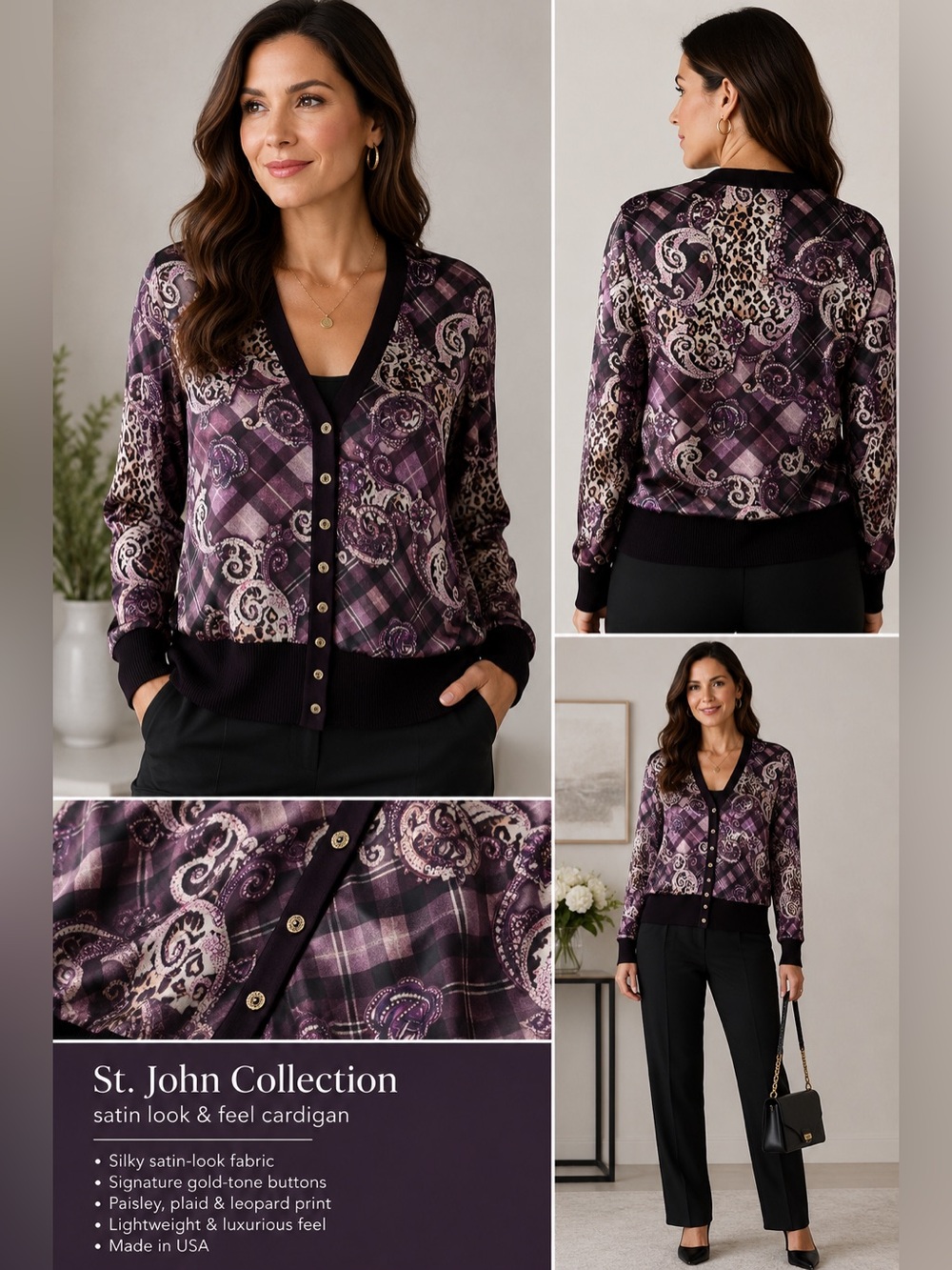 St. John Collection Vintage Satin Look Print Jacket Purple Black Size 16 USA